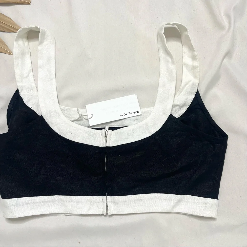 Reformation Robbie Linen Black and White Two Piece Skirt and Top Set Size 6 NWT